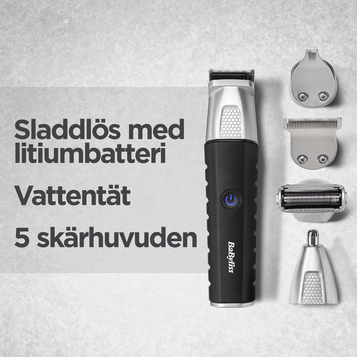 Sladdl&ouml;s med litiumbatteri. Vattent&auml;t. 5 sk&auml;rhuvuden